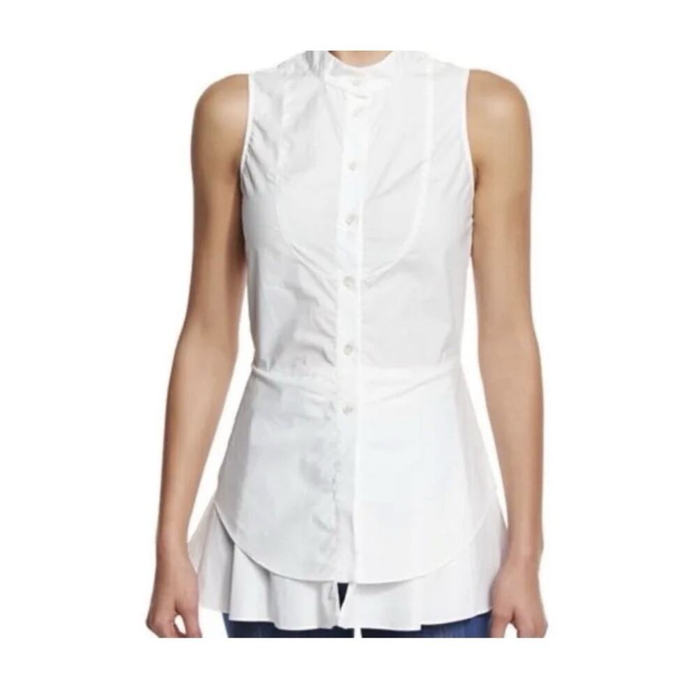Derek Lam 10 Crosby Womens Button Front Pleated Chiffon Trim Top White Cotton S